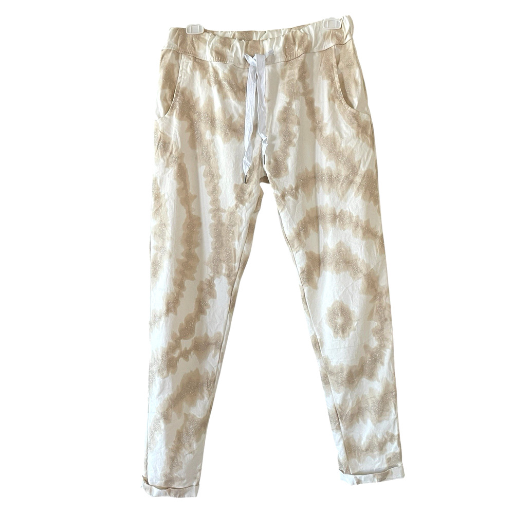 VENTI6 Large White Beige Glitter Tie-Dye Stretch Jogger Pants Drawstring Pockets
